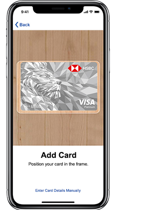 Adding Card into Apple Pay Wallet; image used for HSBC Credit Cards Apple Pay.