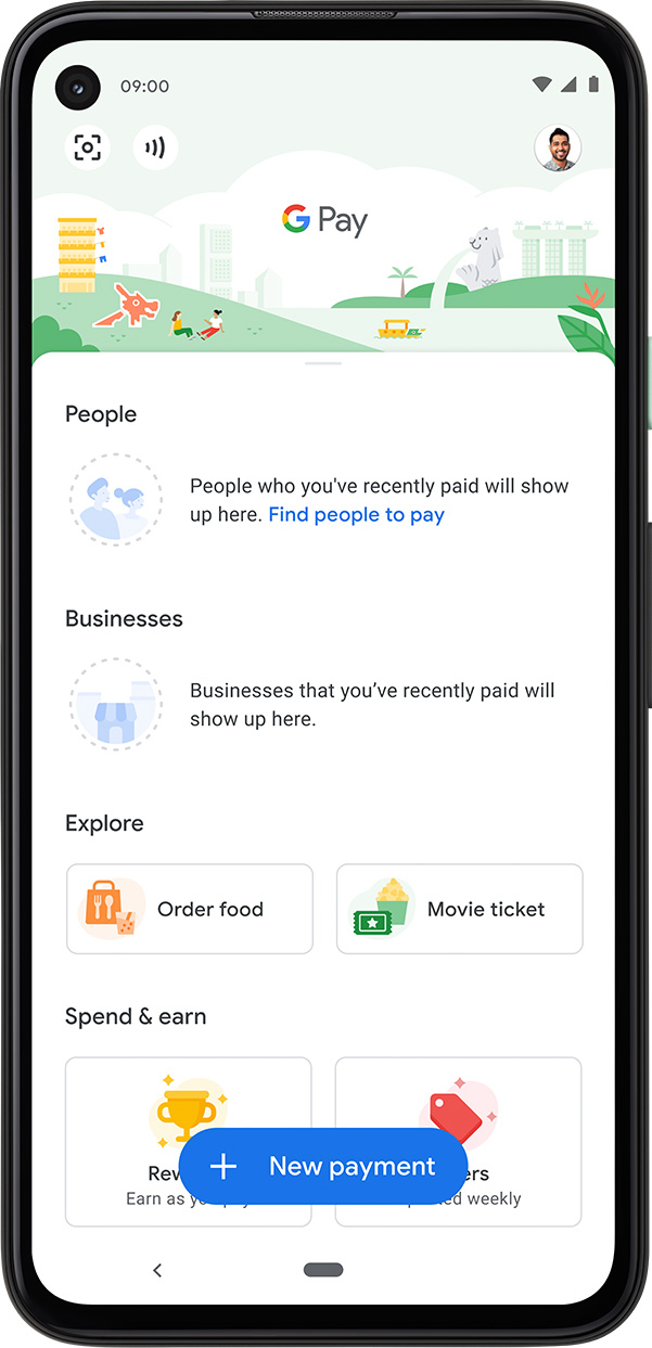 “如何使用Google Pay付款”第1步：画面显示Google Pay主页和“New payment”按钮。