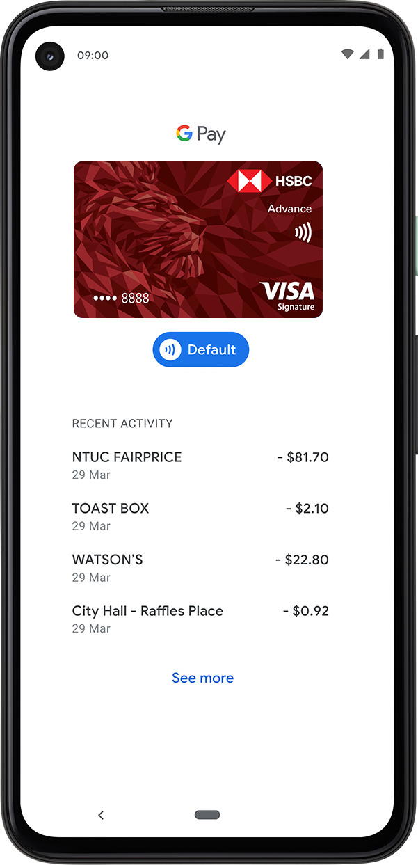 设置方法第3步：可以在Google Pay使用汇丰信用卡。查看交易详情。