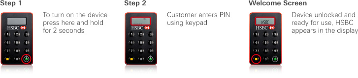 4 steps of instructions to turn on the new Security Device. Step 1: Press and hold the Green Button for 2 seconds to turn on the device. Step 2: Using keypad to enter PIN. "HSBC" will be displayed after that.
