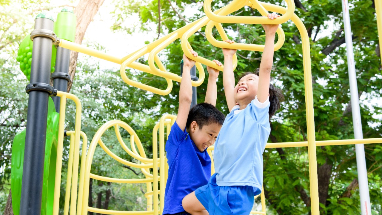 two young boys hanging on monkey bars