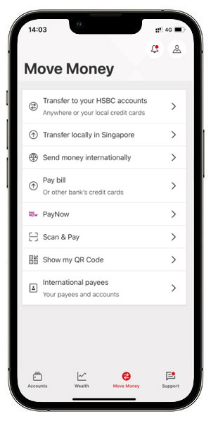 Move money tab on the HSBC Singapore app.