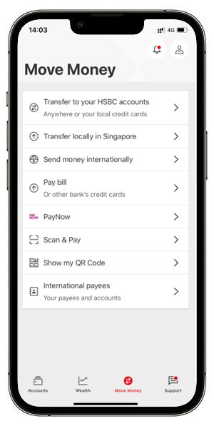 汇丰新加坡手机银行上的Move Money页面。