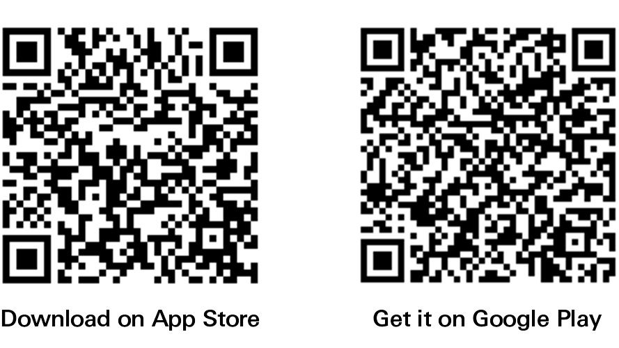 Left QR code, Download on the App Store; Right QR code, Get it on Google play.