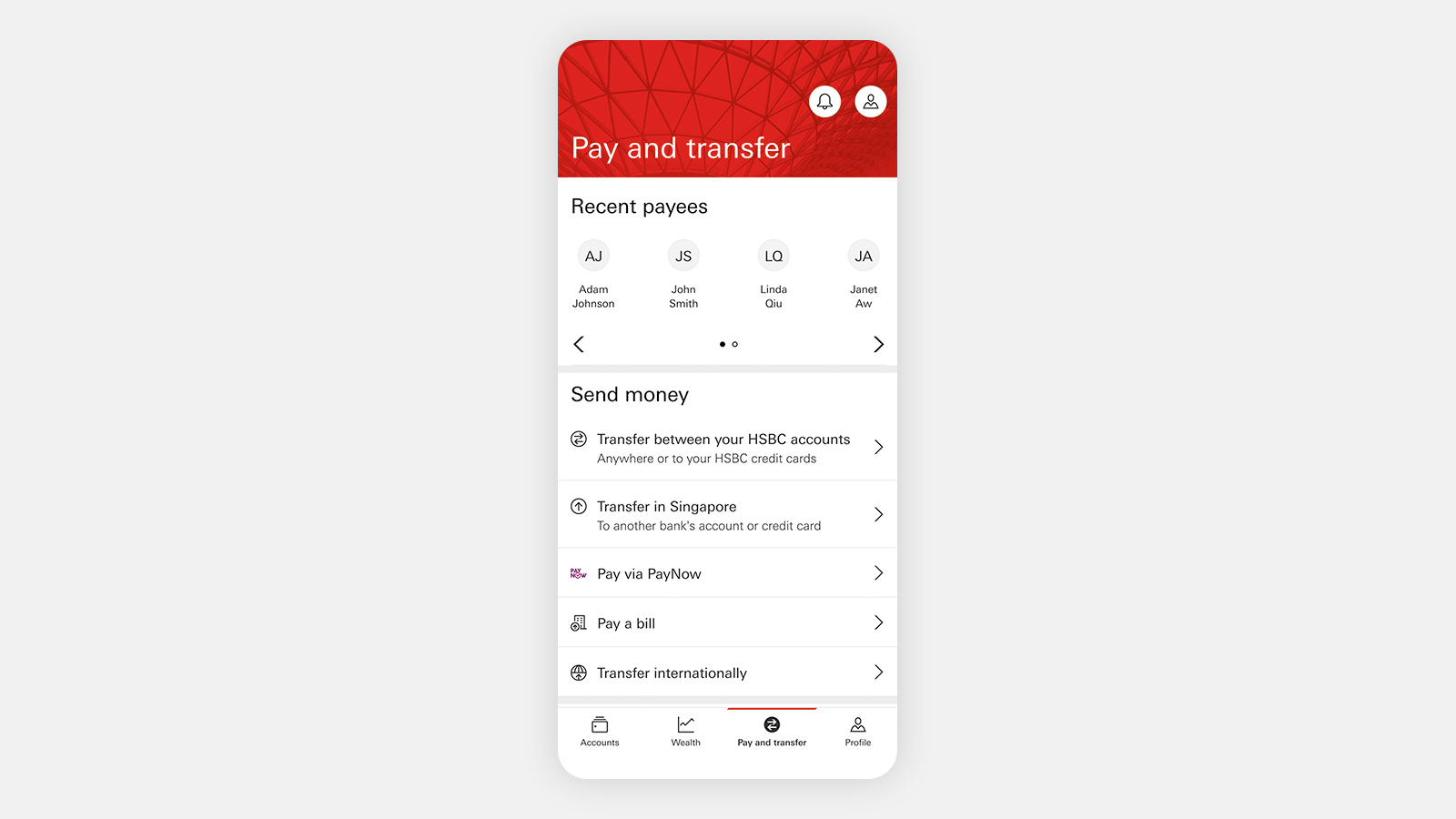 Move money tab on the HSBC Singapore app.