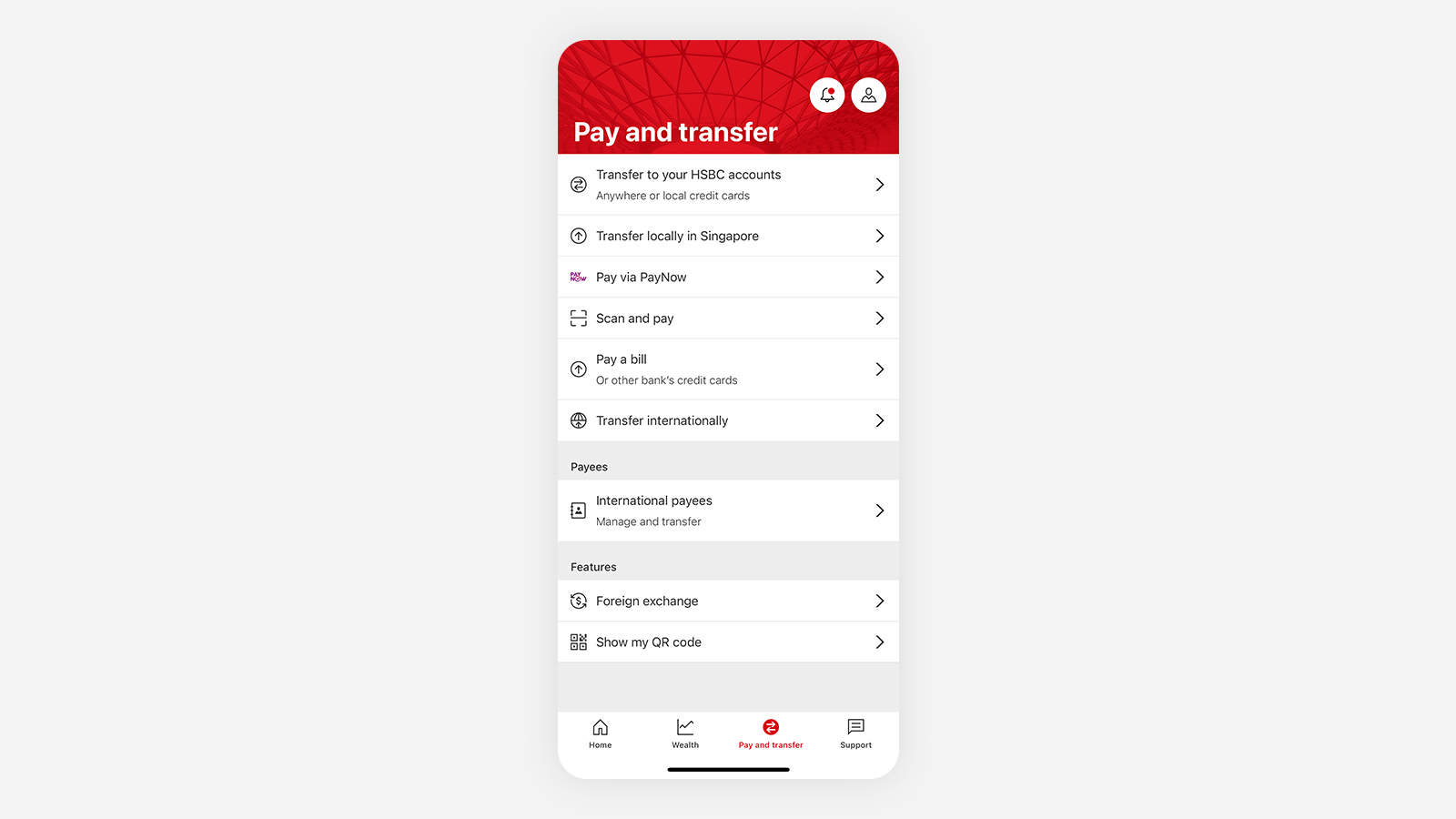 Move money tab on the HSBC Singapore app.
