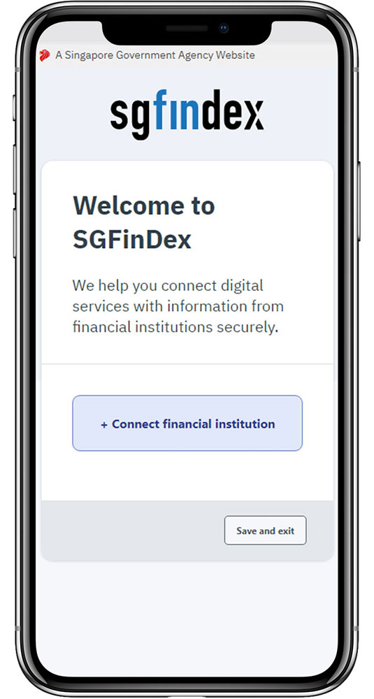 Select 'Connect financial institution' in SGFinDex