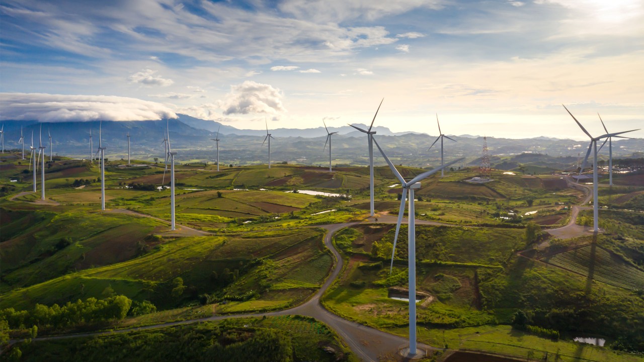 Wind turbine from aerial view; image used for HSBC Building a sustainable future.